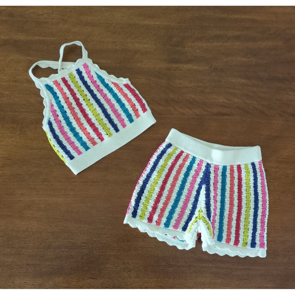 Mini Boden Girls Kids Stripe Knitted Top and short set Multi Stripe size 5/6